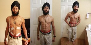A panel of 3 photos of A Jolly before and after biohacking with amazing abs