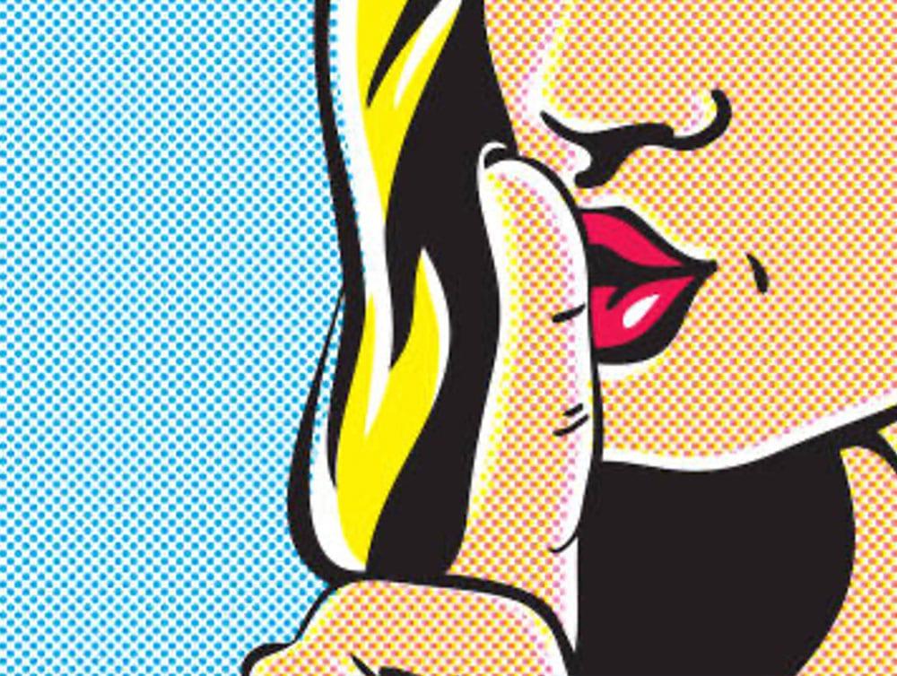 Comic book style rendering of a woman with her finger on her lip making the hush sound