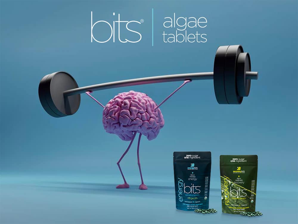 Energy Bits advertisement of a brain lifting weights