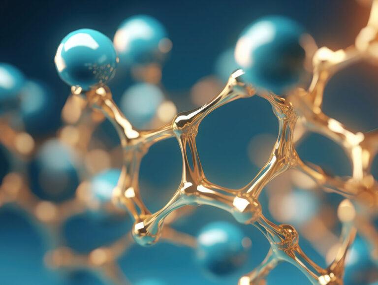 Artistic rendering of molecule structure in teal and gold coloring