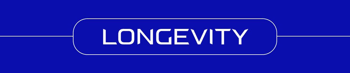 The image features the word LONGEVITY in a modern, futuristic white font, centered on a solid blue background with a rounded rectangular border and horizontal lines—reflecting themes found in innovative biohacking products.