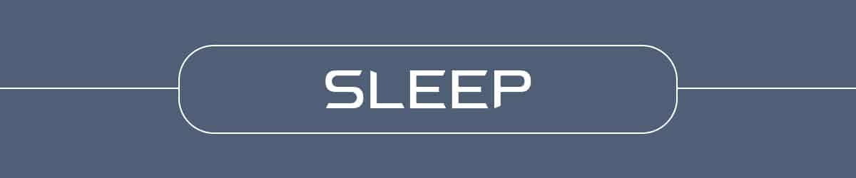 A blue rectangular button with rounded edges displays the word SLEEP in bold, white, futuristic-style text at the center—evoking advanced biohacking products. Thin white lines extend horizontally from each side of the button.