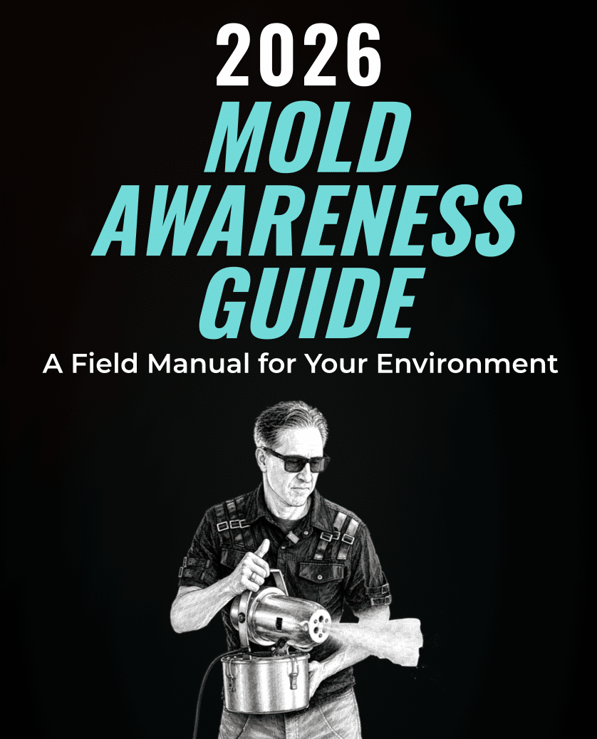Cover of the 2026 Mold Remediation & Awareness Guide by Dave Asprey featuring a person in safety glasses operating a fogging machine, with the subtitle A Field Manual for Your Environment on a dark background.