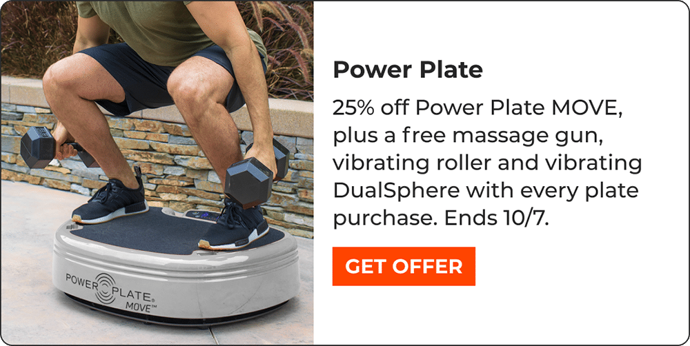 A person squats with dumbbells on a Power Plate, showcasing 2026 biohacking products. Text offers 25% off Power Plate MOVE and free massage accessories. Get Offer button and promo end date are also shown.