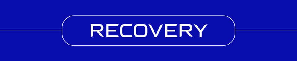 Blue banner with the word RECOVERY in white, bold, modern font, centered inside a rounded rectangle outline—perfect for highlighting 2026 biohacking products.