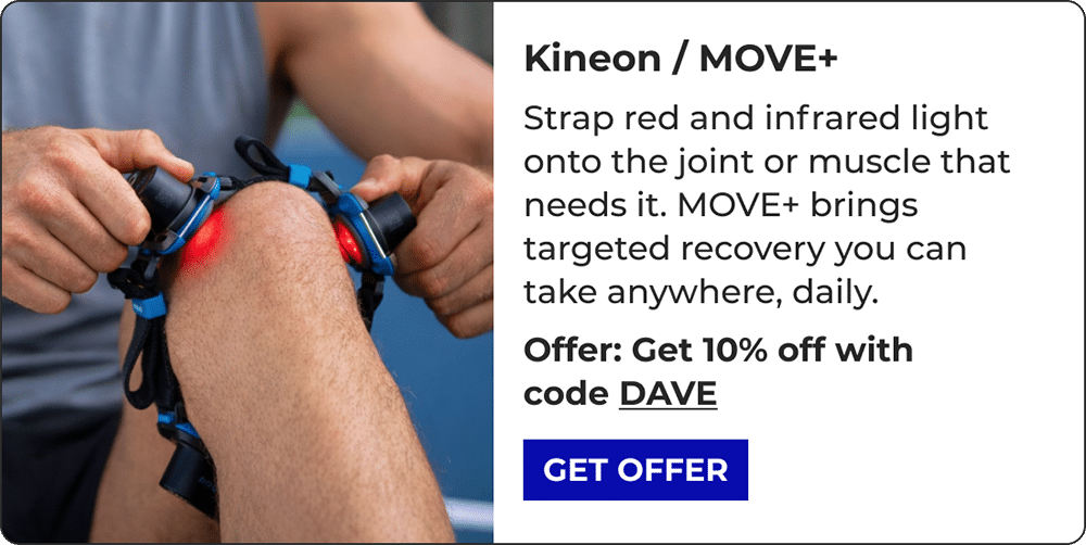 A person straps a MOVE+ device emitting red light onto their knee—one of the top 2026 biohacking products. Text offers 10% off with code DAVE for joint or muscle recovery. A blue Get Offer button is visible.