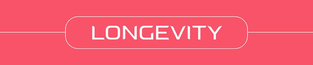 The word LONGEVITY in white, futuristic font is centered on a pink background, evoking the style of 2026 biohacking products, with a rounded rectangular border and thin horizontal lines extending from each side.