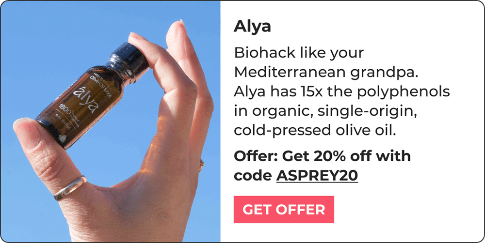 A hand holds a small bottle of Alya olive oil against a blue sky. Text offers 20% off with code ASPREY20, highlighting Alya as a 2026 biohacking product—organic, cold-pressed, and high in polyphenols.