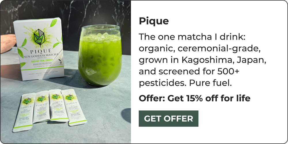 A glass of iced green matcha sits by Pique Sun Goddess Matcha box and single-serve packets. Enjoy 15% off for life on this organic, ceremonial-grade Kagoshima matcha—part of leading 2026 biohacking products.