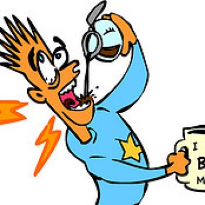 a cartoon drinking a pot of coffee holding a large mug