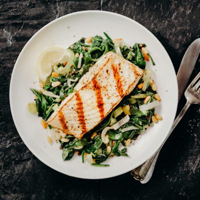 Grilled Halibut with Spinach, leeks and Pine Nuts - Photographed on Hasselblad H3D2-39mb Camera